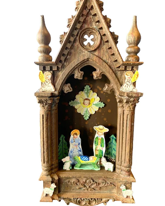 Ceramic Nativity in Custom-Made Wooden Grotto