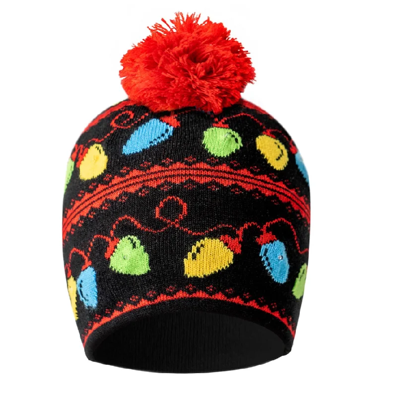 Christmas Merry & Bright Flashing LED Light Pom Beanie Hat Black with Holiday Bulbs