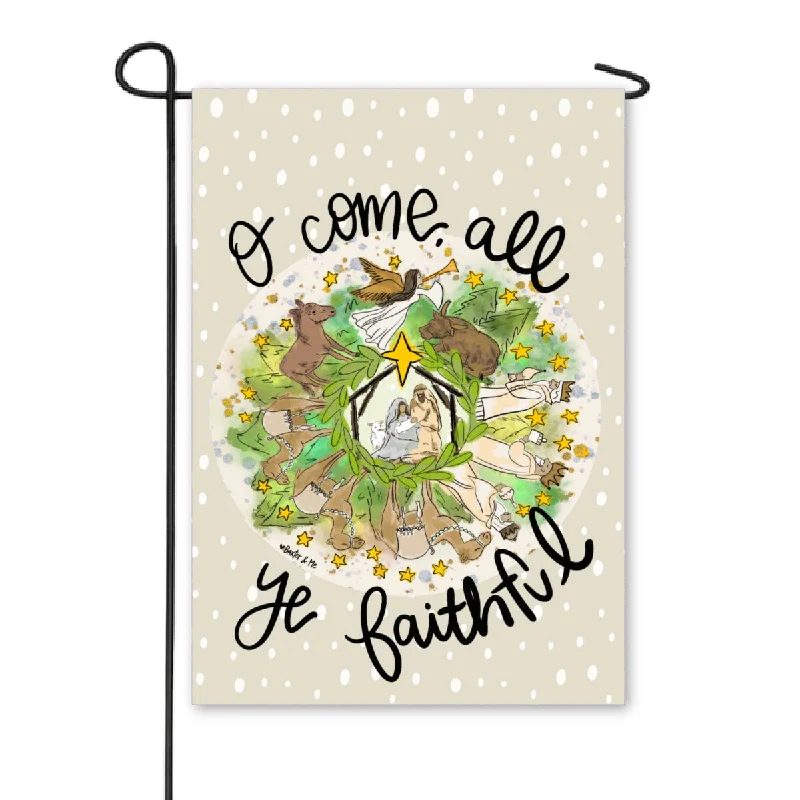 O Come All Ye Faithful Neutral Round Nativity Garden Flag