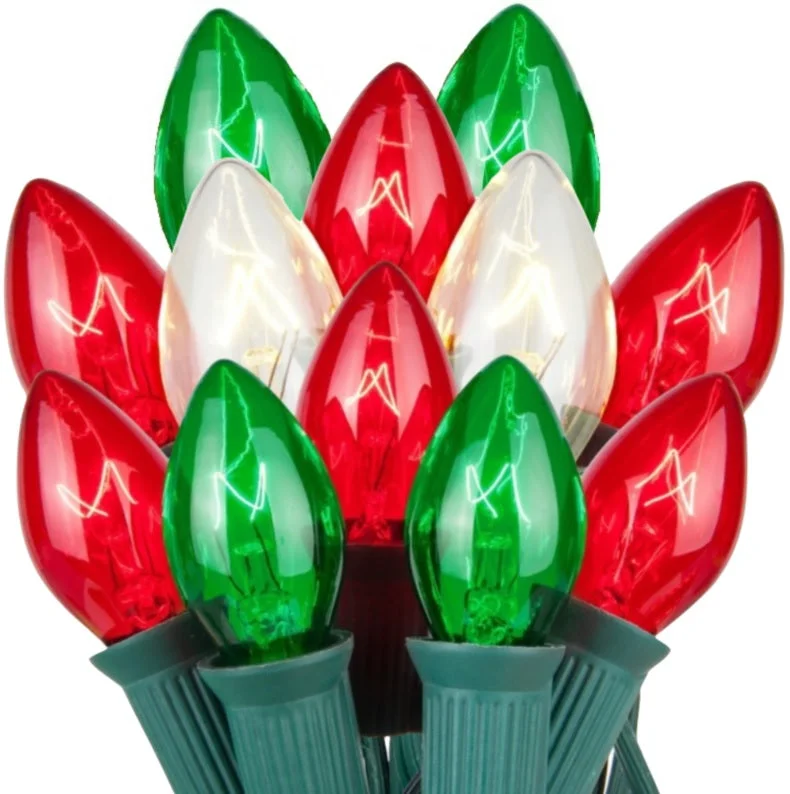 Set of 25 Transparent C7 Glass Bulbs - Red, Green & Clear