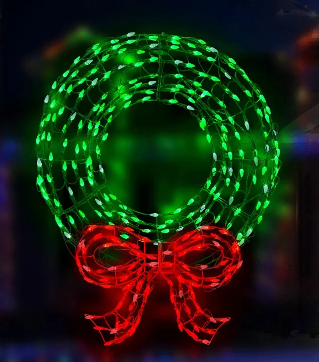 Twinkling Green LED Wreath Sculpture with Red Bow