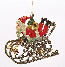 3D Santa Laying on Sled, Painted on Both Sides Pewter Ornament by Kuehn Pewter