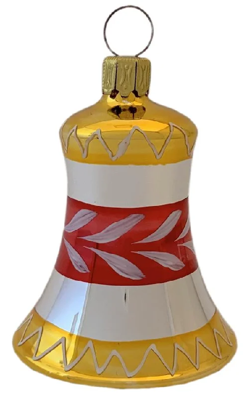 Bell, 4cm, red, gold with stripe and branch by Glas Bartholmes