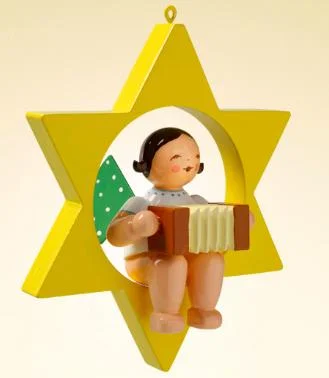 Angel with Concertina on Star Hanging Wooden Ornament by Wendt and Kuhn