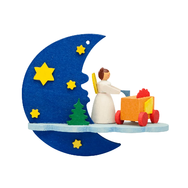 Angel on Moon with Barrel Organ Ornament by Graupner Holzminiaturen