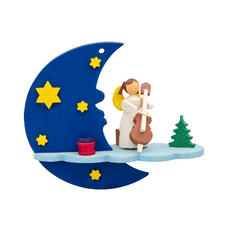 Angel on Moon with Cello Ornament by Graupner Holzminiaturen