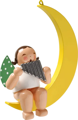 Angel with Pan Flute on Moon Hanging Wooden Ornament by Wendt and Kuhn