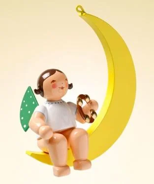 Angel with Tamborine on Moon Hanging Wooden Ornament by Wendt and Kuhn