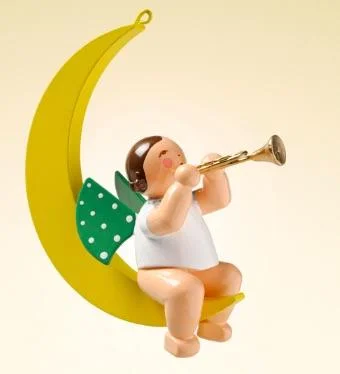 Angel with Trumpet on Moon Hanging Wooden Ornament by Wendt and Kuhn