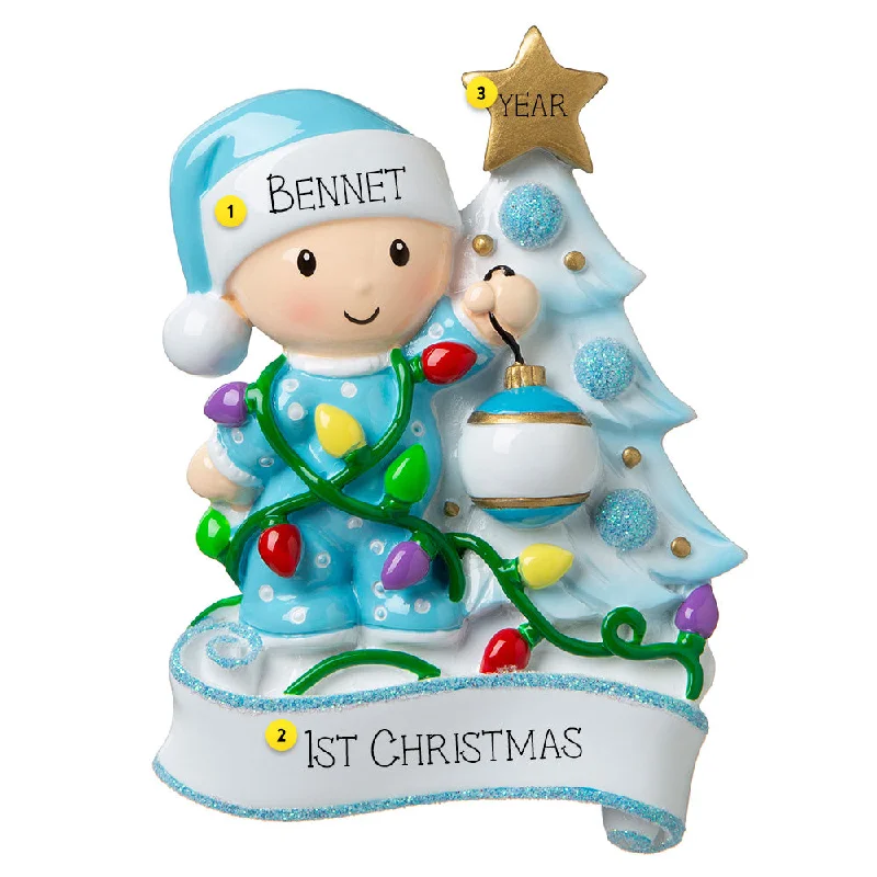 Personalized Baby Boy's Decorating the Tree Ornament Blue