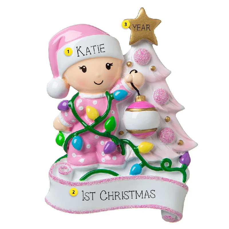 Personalized Baby Girl Decorating the Tree Ornament Pink