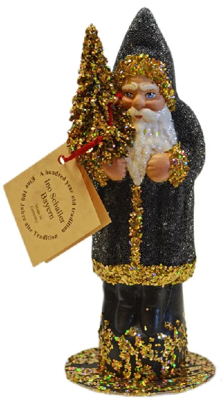 Black Beaded with Gold Trim Santa Paper Mache Candy Container by Ino Schaller