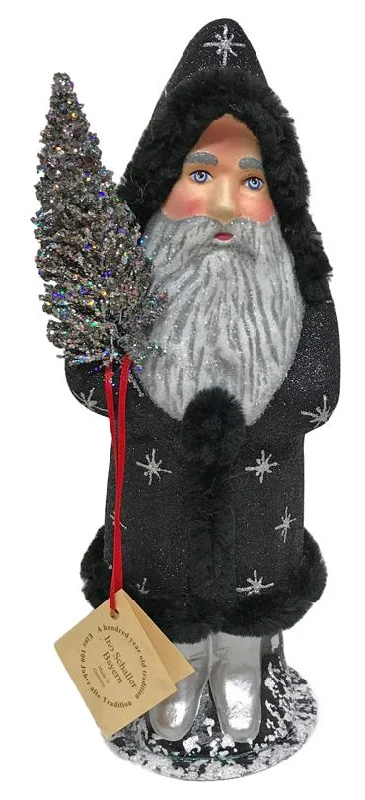 Black Santa, Silver Stars, One of a Kind Paper Mache Candy Container by Ino Schaller