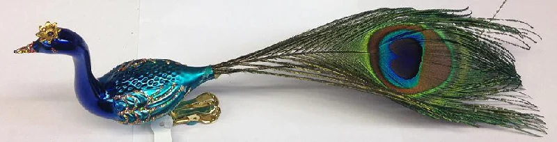 Blue Peacock with Gold Crown Ornament by Old German Christmas