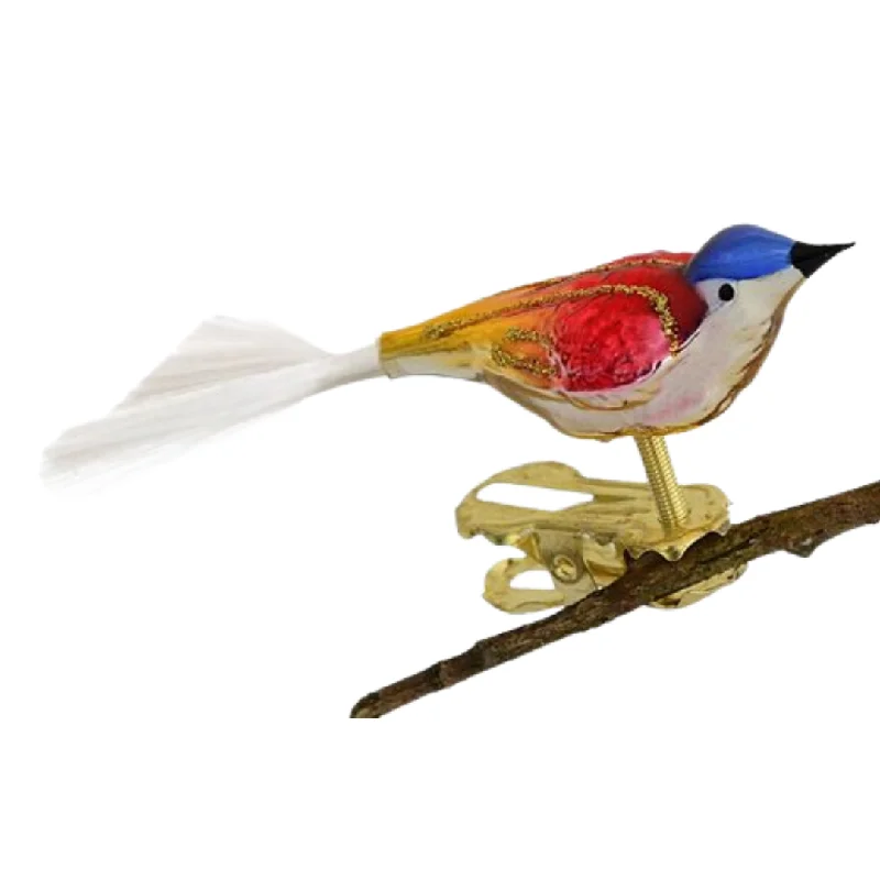 Mini Bird with spun glass tail, gold, red and blue by Glas Bartholmes