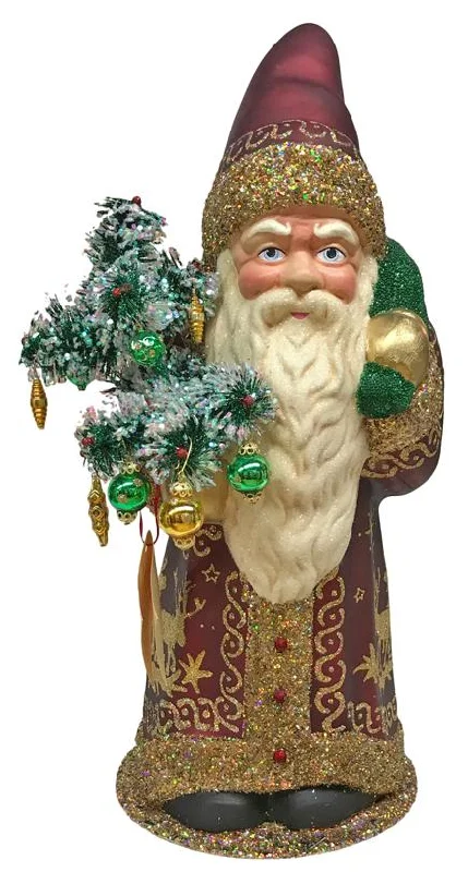 Bordeaux Santa with Reindeer, One of a Kind Paper Mache Candy Container by Ino Schaller