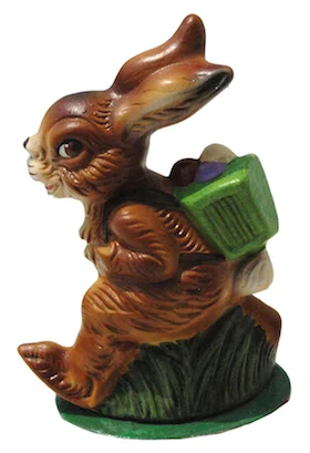 Bunny, New with Basket and Eggs Paper Mache Candy Container by Ino Schaller