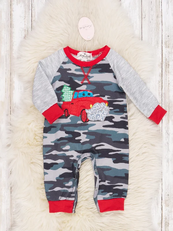 Camouflage Christmas Tree Truck Raglan Romper