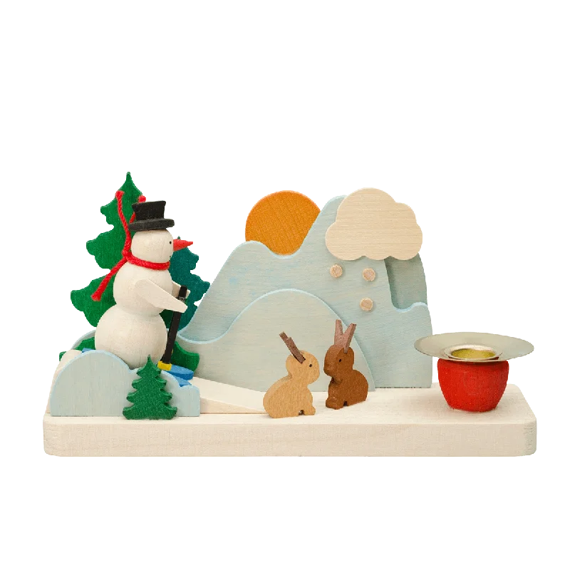 Candle holder Snowman with rabbit by Graupner Holzminiaturen