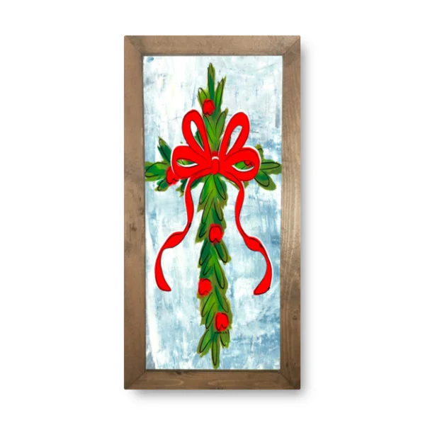 Christmas Berry Cross with Red Bow Framed Art