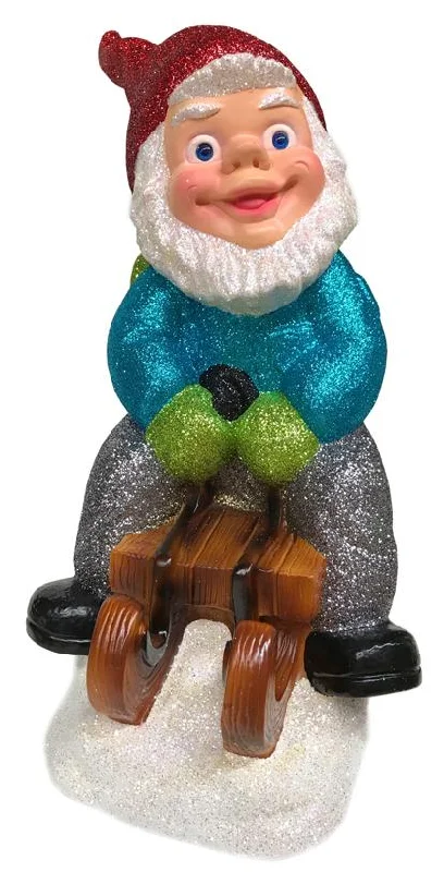 Dwarf on Sleigh, Glittered Plastic Figurine by Ino Schaller