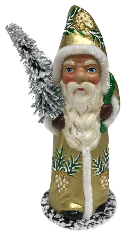 Gold Coat with Holly Decor Santa Paper Mache Candy Container by Ino Schaller