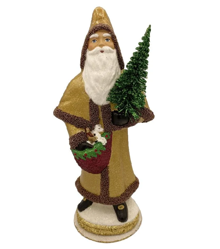 Santa in Cloak, Paper Mache Candy Container, gold with strawberry basket, by Ino Schaller