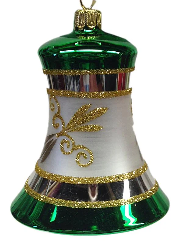 Capped Bell Ornament, green with silver by Glas Bartholmes