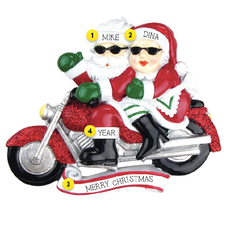 Personalized Santa & Mrs. Claus Riding a Motorcycle Ornament