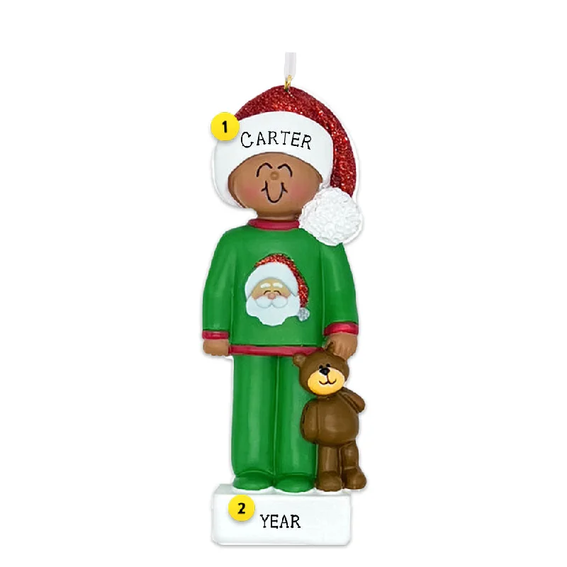 Personalized Child in Christmas Pajamas Ornament - Male, African American