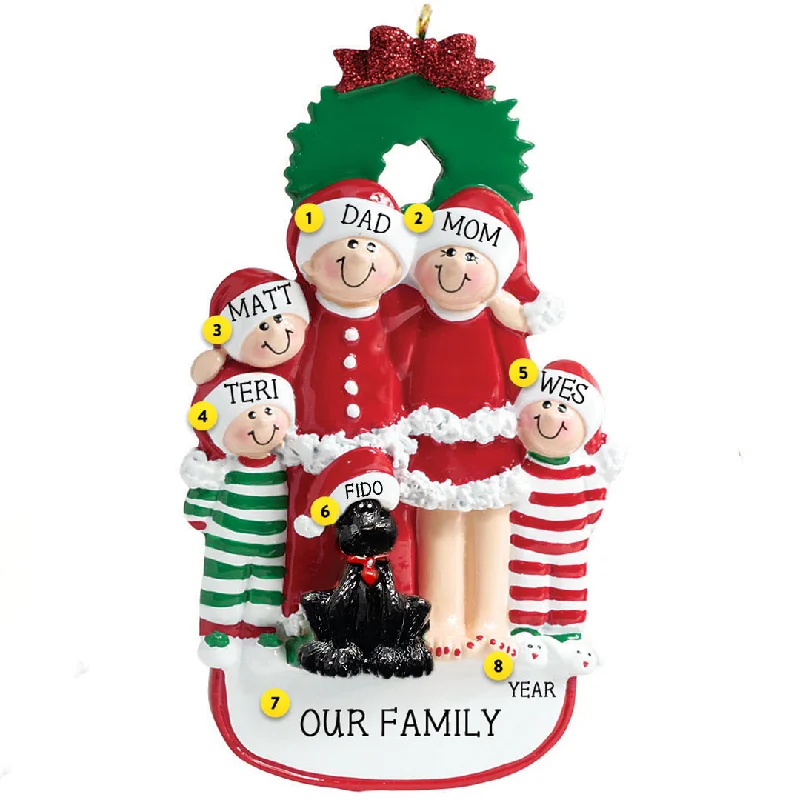 Personalized Christmas Family of 5 with Black Dog Ornament