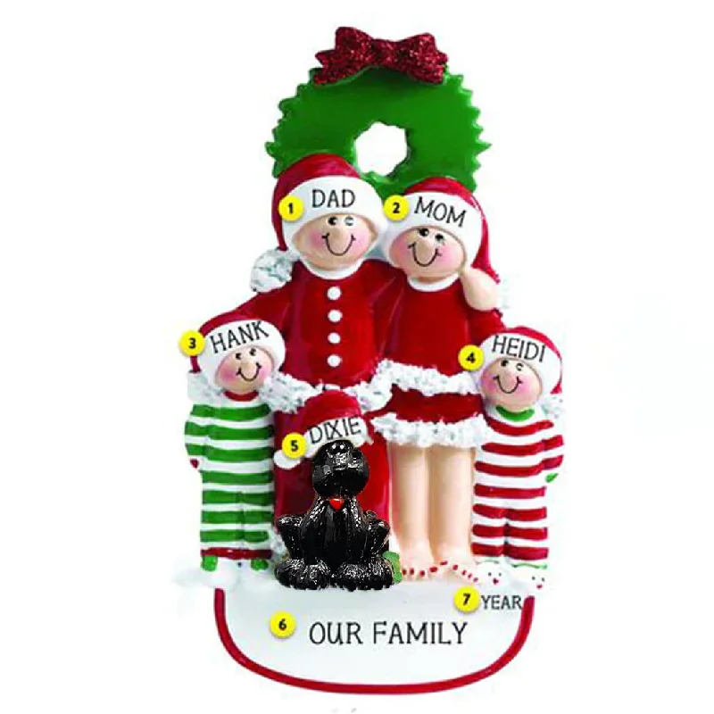 Personalized Christmas Family of 4 with Black Dog Ornament