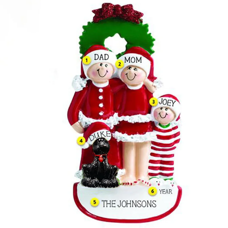 Personalized Christmas Family of 3 with Black Dog Ornament