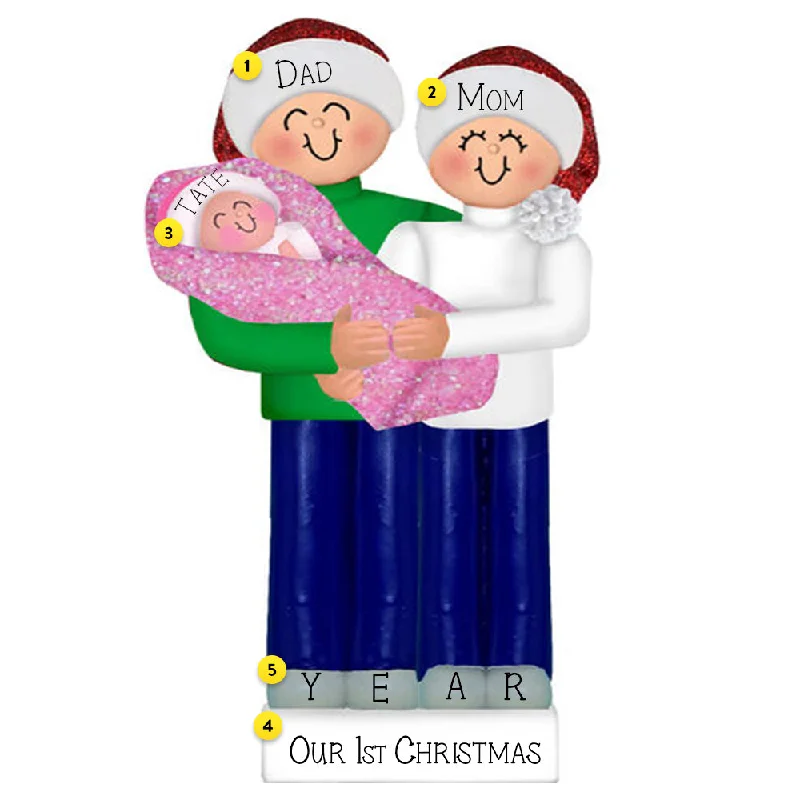 Personalized New Parents with Baby Ornament - Pink Blanket