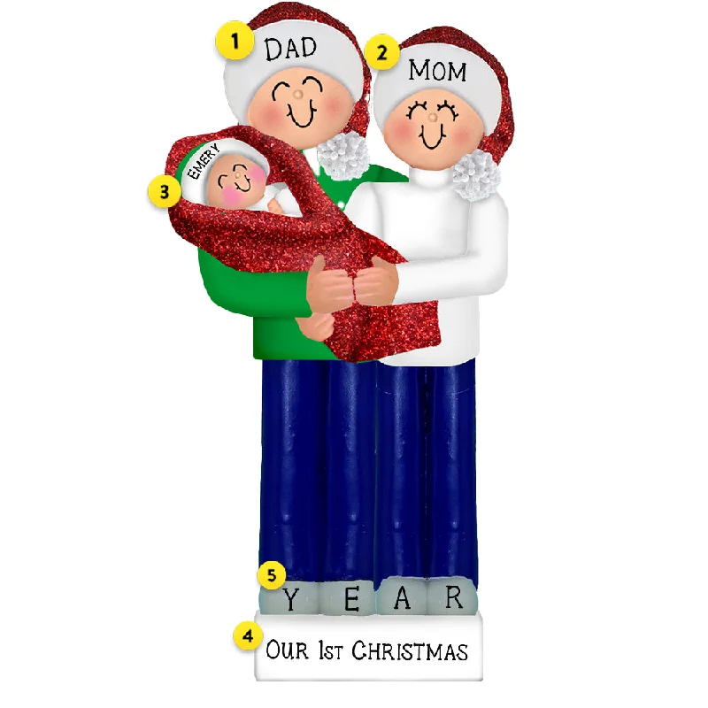 Personalized New Parents with Baby Ornament - Red Blanket