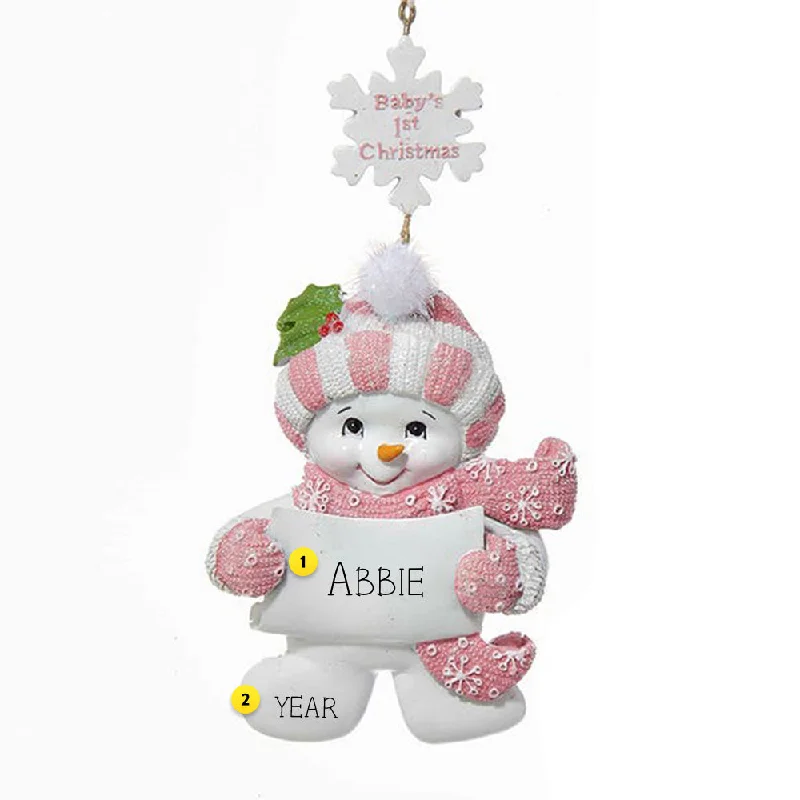 Personalized Baby's 1st Christmas Snowman Ornament - Pink