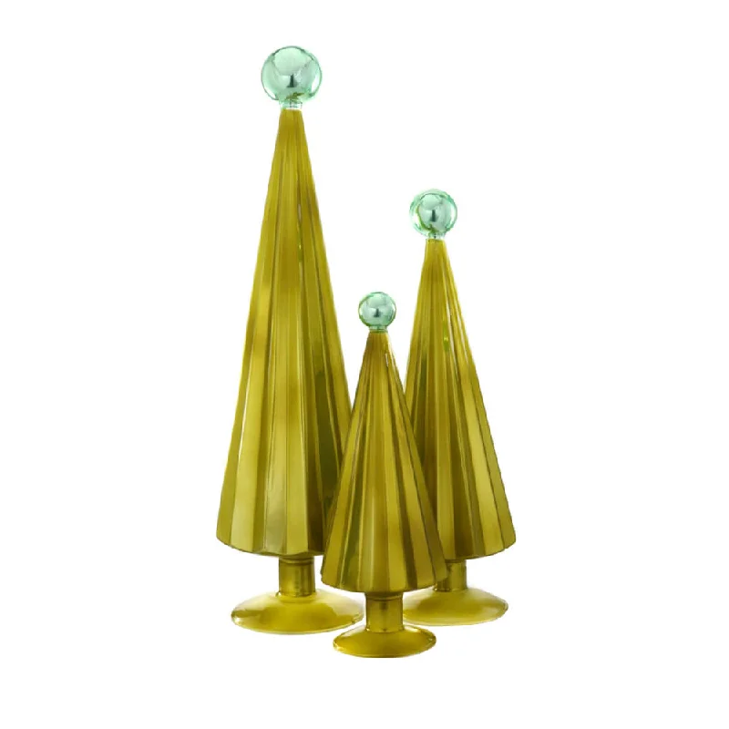 Pleated Glass Trees in Moss / Aqua (Set of 3)