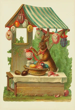 Rabbit Decorating Eggs Victorian Standup Card by Ernst Freihoff Papierwaren