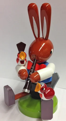 Rabbit with Flute and Birds Wooden Figurine by Werkstatten Leichsenring