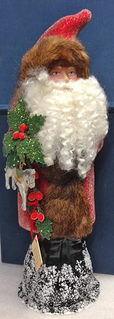 Red Beaded Coat Santa with Holly Paper Mache Candy Container by Ino Schaller