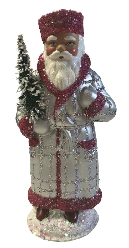 Red Beaded Santa, Silver, Paper Mache Candy Container by Ino Schaller