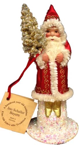 Red Coat with White Trim and Gold Glitter Santa Paper Mache Candy Container by Ino Schaller