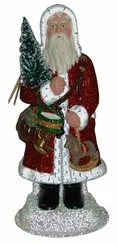 Red Glittered Coat Santa with Rocking Horse Paper Mache Candy Container by Ino Schaller