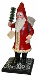 Red Santa with Cream Edged Coat on Wood Base Paper Mache Candy Container by Ino Schaller