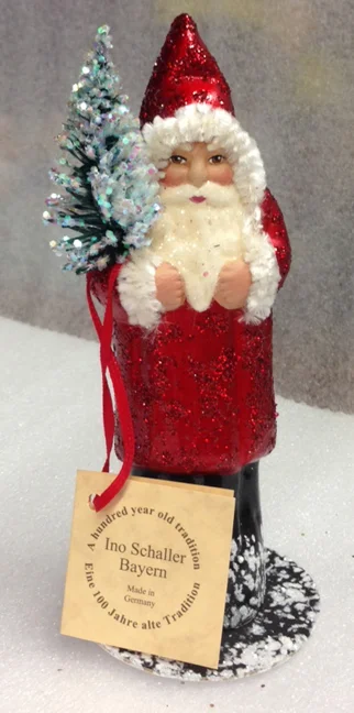 Red Sponged with Chenille Cuffs Santa Paper Mache Candy Container by Ino Schaller