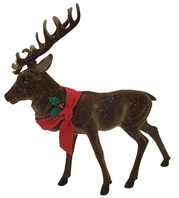 Reindeer, XL, brown flocked with glitter and red felt collar, Plastic Figure by Ino Schaller