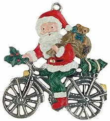 Santa on Bike, Painted on Both Sides Pewter Ornament by Kuehn Pewter