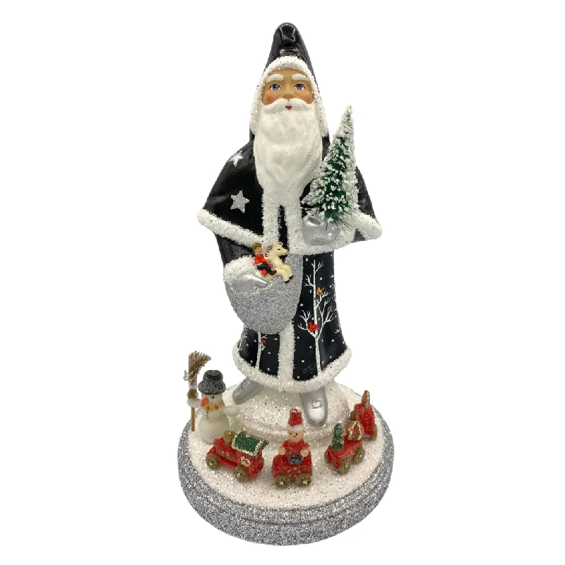 Santa in Cloak, Paper Mache Figure, black with white trim, by Ino Schaller