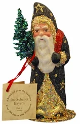 Santa in Black Coat with Gold Decor Paper Mache Candy Container by Ino Schaller