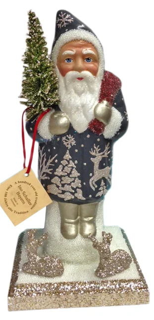 Santa in Blue Coat with Silver Trim on Base Paper Mache Candy Container by Ino Schaller